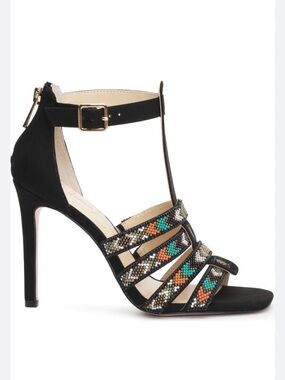 Jessica Simpson Black Beaded T-Strap Stiletto Sandals Turquoise & Orange Accents
